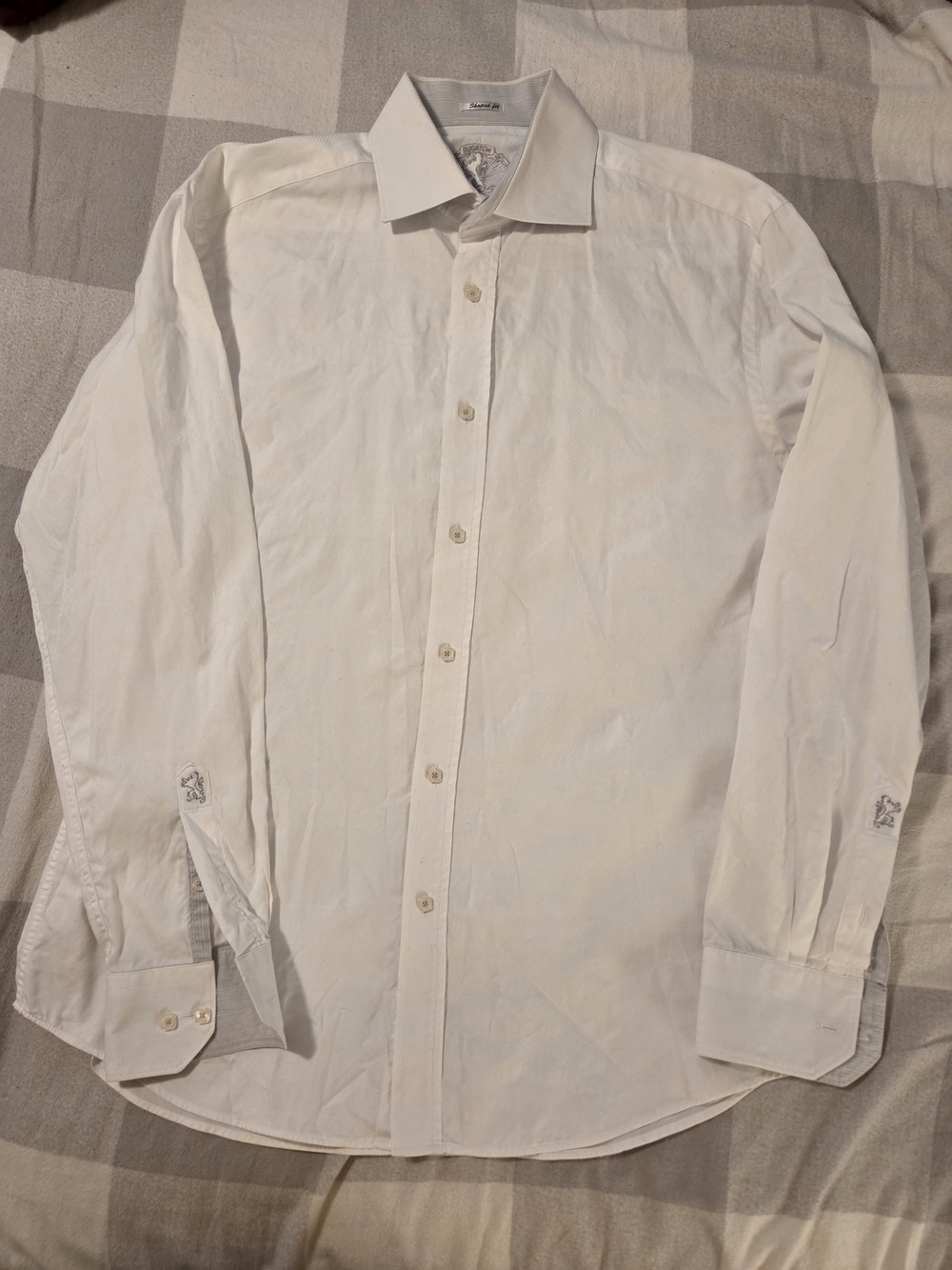 Bugatchi Uomo Shaped Fit, White Jacquard Dress Shirt, Tasteful Contrast Trim
